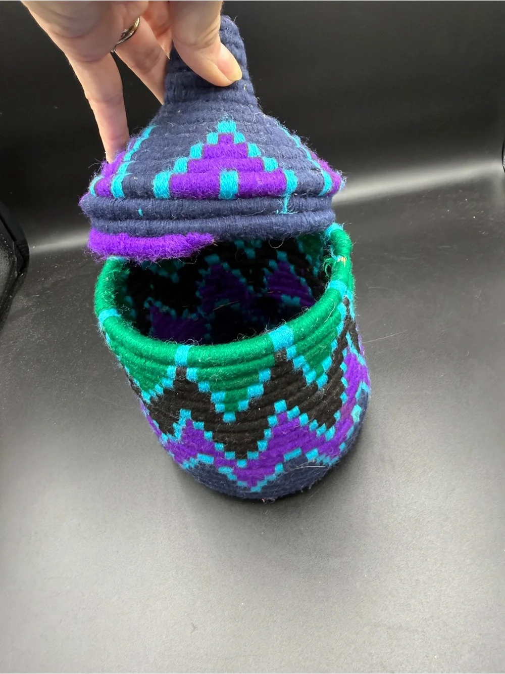 Handwoven Berber Basket w/ Lid Handmade Storage Geometric Pattern